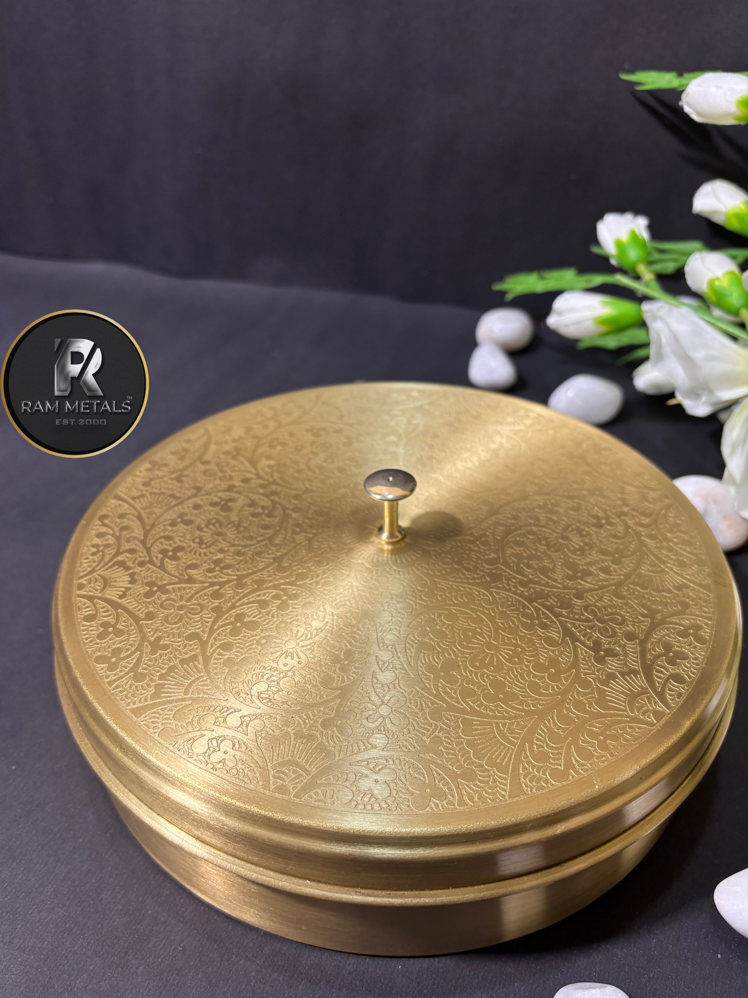 Premium Etching Brass Masala Box with Lid and Spice Containers - Handcrafted Brass Spice Storage Box Manufacturer in India